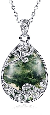 YAFEINI 925 Sterling Silber Moosachat Kette Halskette Filigraner Träne Anhänger Moosachat Schmuck für Damen Mädchen (P-Moosachat Filigrane Halskette)