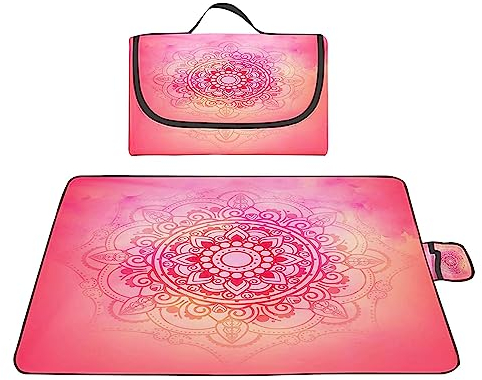 TengYuer Outdoor Picknickdecke 200x300cm Picknickdecke Wasserdicht Weich Tragbar mit Tragegriff für Camping Picknick Wandern Reisen Campingdecke Rosa Mandala