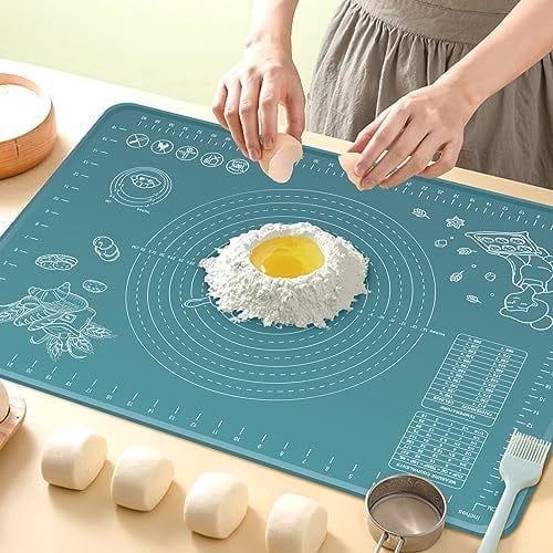 Silicone Pastry Mat 80x60 cm Extra Thick Non Stick Baking Mat with Measurements and Edge Heightening, Food Grade Silicone Rolling Dough Board for Pastry, Bread, Cookies, Pizza, Fondant, Pasta - Indigo