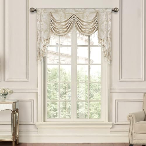TOPLUXE Swag Volant Vorhang für Schlafzimmer Esszimmer Wohnzimmer Küche, Damast Kurzstore Waterfall Volant-Vorhang für Fenster 1 Stück (Breite 150cm, Helles Khaki)