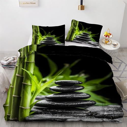 ROUSKI Bettwäsche Zen 135x200 cm 2teilig 100% Mikrofaser Kinderbettwäsche Stein Bambus Wendebettwäsche mit Reißverschluss 3D Motiv Zimmer Dekor Bettwäsche-Sets mit Kissenbezüge 80x80