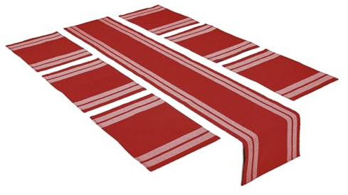 Encasa XO Tischläufer und Platzset Set 6 | Feingerippte Baumwolle | Leiter Rot | 1 Tischläufer Größe 32x183 cm & Jede Tischmatte Größe 48x32 cm
