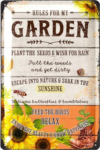 LANOLU Retro Blechschild Garten - GARDEN RULES - Garten Schilder für draußen, Schilder für den Garten, Gartenschilder, lustige Metallschilder Garten 20x30cm