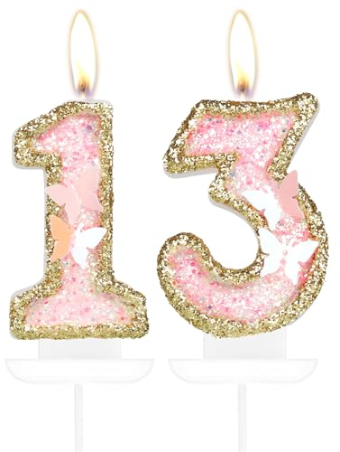mciskin Butterfly Birthday Number Candles, Pink Gold 13 Candles Cupcake Topper for Cake, Girls 13th Birthday Decorations, Butterfly 10th Birthday Candle Cake Topper for Butterfly Theme Party