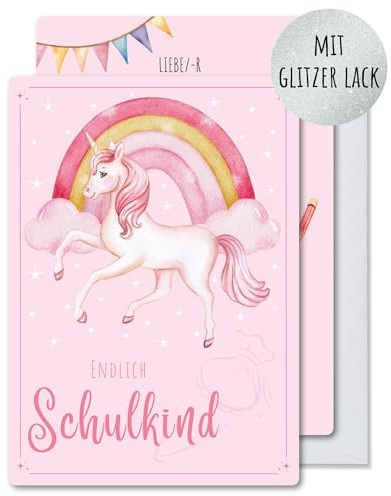 møij 12x EINLADUNGSKARTEN zur Einschulung + passende Umschläge süße rosa Karten mit Einhorn und Regenbogen & partiellem Glitzer