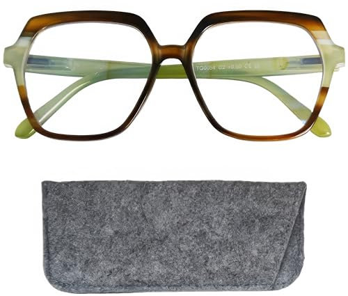 Stilvolle Moderne Blaufilter Damen Sechseckig mit große Gläsern, Etui, Leichten Kunststoff Brillengestell (Farbig Weiss mit Grün), Blaulichtfilter Brille Damen +2.0 Dioptrien