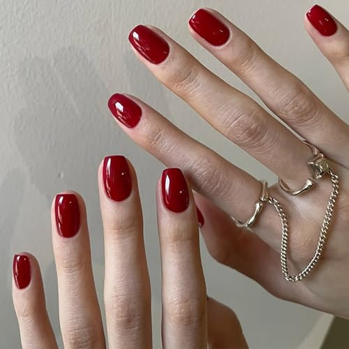 24Pcs Short False Nails with Glue - Cherry Red Square Press on Nails - Fake Nails with Glue - Long Lasting Stick on Nails - Full Cover Acrylic Nail Tips for Manicure Nail Art
