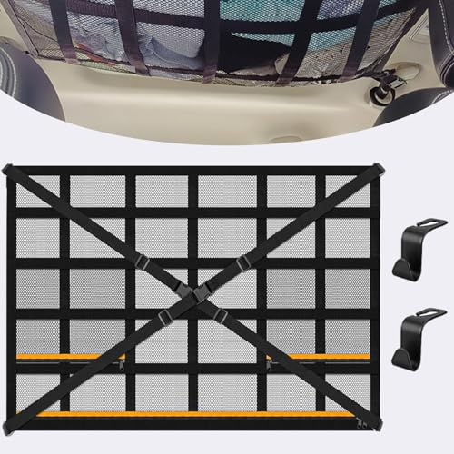 Autodach Gepäcknetz Decke,Gepäcknetz Auto für Aufbewahrung 90 x 65 cm Universal Aufbewahrungsnetz mit Verstellbare Kreuzgurte und 3 unabhängige Reißverschlusstaschen für Autos, Jeeps, SUV