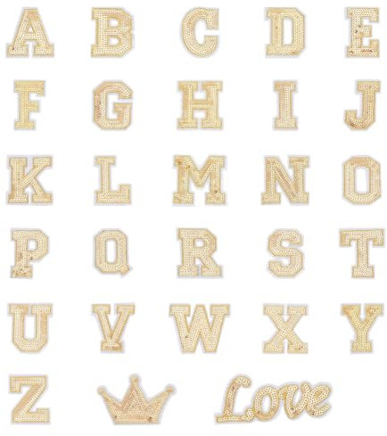 HOBBIESAY 26Pcs Gold Letter Sequin Patches Alphabet Iron on Applique A-Z Letter with Crown and Love Sew On Sequin Patches Decorate Repair Patches for Clothes Dress Hat Socks Jeans