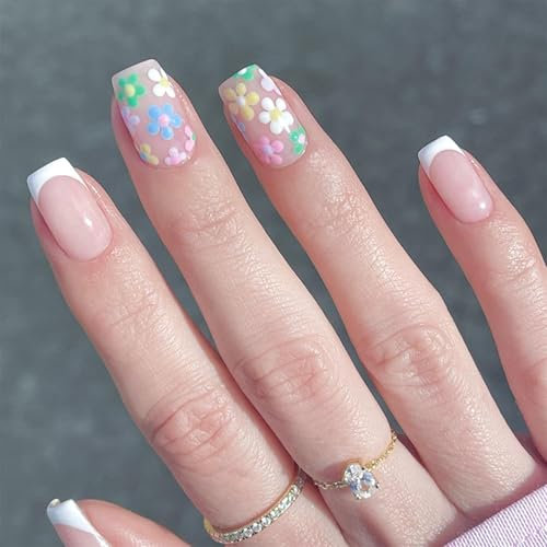 24Pcs Flower Press on Nails Short, Square Press on Nails Purple Gradient Stick on Nails, Removable Short False Nails, Purple Acrylic Full Cover Glue on Nails for Women and Girls (D, ONE SIZE)