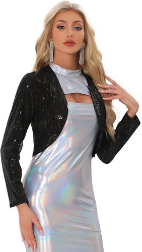 Allegra K Damen Pailletten Festlich Party Jacke Vorne Offen Kurz Glitzernder Bolero Schwarz M