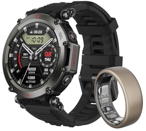 Amazfit T-Rex Ultra Smartwatch für Outdoor-Benutzer, Dualband-GPS, Routenimport & Navigation, Offline-Karte, 10 ATM Wasserdichtigkeit, -30℃ Ultra-Tieftemperaturbetrieb Smartwatch & Helio Ring Größe 12
