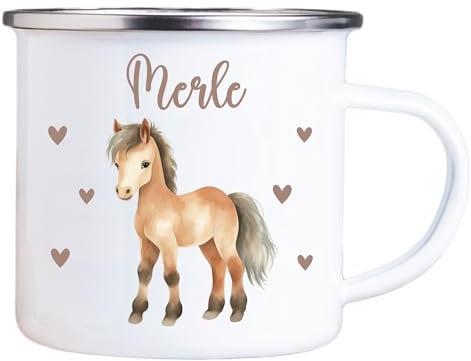 4youDesign Emaille Tasse Kinder personalisiert – Herz Pferd – Tier Namenstasse – Geschenk für Jungen & Mädchen – Bruchsicher & Leicht – Geschenkidee zur Einschulung & Geburtstag - 300ml