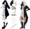 BARVERE Cruella Devil Kostüm Damen Set, Halloween Kostüm Damen mit Cruella Kleid, Perücke, Haarnetz, Handschuhe, Perlenkette, Augenschirm, Costume Film Charakter Verkleidung Damen für Karneval Party-M