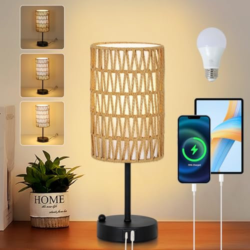 Rayofly Nachttischlampe Touch Dimmbar, Nachttischlampe mit Ladefunktion USB A+C-Anschlüssen, Vintage Tischlampe mit Rattan Lampenschirm & LED Glühbirne, Kleine Touch Lamp für Schlafzimmer, Wohnzimmer