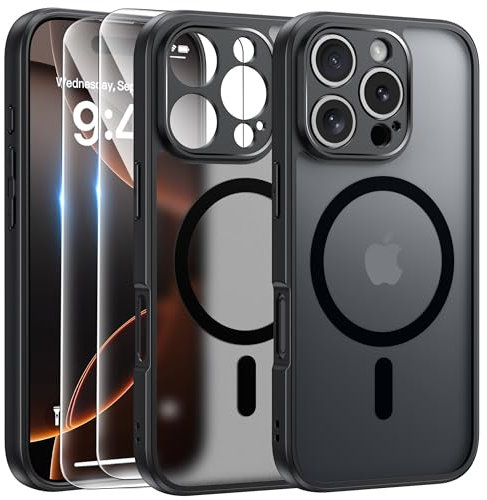 FLLAO Cover Magnetica per iPhone 16 Pro Max Custodia e 2 Pellicole in Vetro Temperato, Cover iPhone 16 Pro Max Magsafe, Custodia Traslucida Opaca Posteriore Sottile Antiurto Protettiva Case, Nero