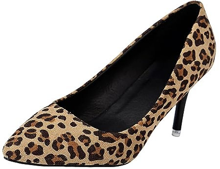 Ladies Fashion Leopard Print Printed Suede Pointed Thin High Heels Shoes Resin Pumps (Brown, 6)