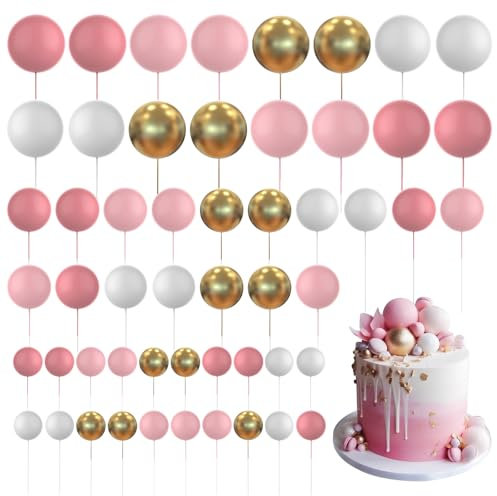 60 PCS Tortendeko Kugel,Torten Deko,Cake Topper Dekorationen DIY Mini Ballon Cupcake Einsatz für Geburtstag Party Baby Dusche Hochzeit Weihnachten(Pink Weiß Gold)