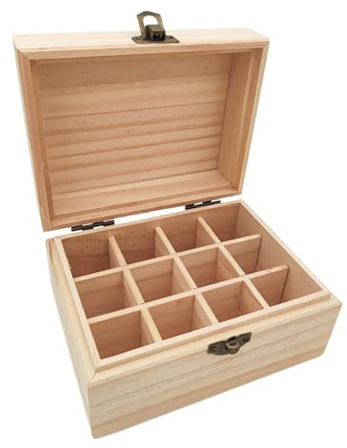 Anktily Unlackierte Holzkiste mit 12 Fächern, 15 x 12 x 9 cm, Naturholzkiste mit Scharnierdeckel, für kleine Andenken, Schmuck, Teehalter