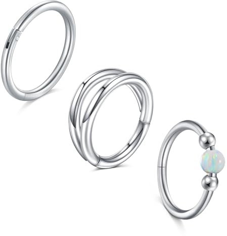 LAURITAMI 3 Stück Nasenpiercing Ring Chirurgenstahl 18G Dünn Nasenpiercing Ring Silber Set,Weiß Opal Septum Clicker Ring,10mm Helix Conch Tragus Nasenpiercing Schmuck