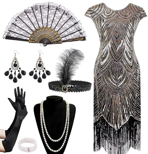 HBWHNIU 20er Jahre Kleider Damen, Pailletten Fransen Kleid, mit 20er Jahre Accessoires, Flapper Kleid, Faschingskostüme Damen, Charleston Kleid, Karneval Kostüm Damen, Vintage 1920er Kostüm Kleider