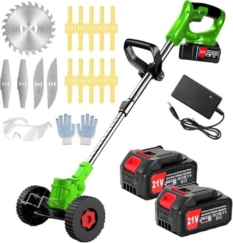 DéBroussailleuse à Batterie Electrique 21V Coupe Bordure sans Fil avec Batterie&Trois Types De Lames& Faible Bruit La Longueur Peut être ajustée pour Jardin, Pelouse, Ferme
