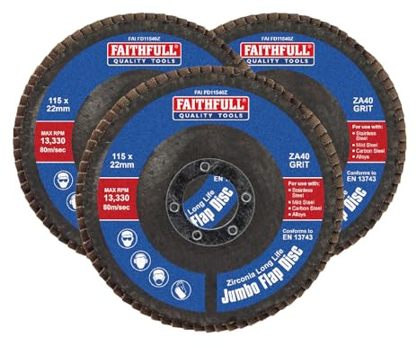 Faithfull FAIFD11540Z3 115mm Flap Disc Zirconium Set - 40 Grit, Abrasive Angle Grinder Discs for Sanding Metal, Wood, Plastic – 3PCS