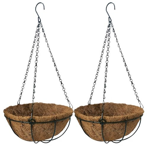 LWINGFLYER 2 cestini da appendere in metallo con palma da cocco, 25,4 cm, rotondi, vasi da fiori da appendere, per giardino, portico, balcone, patio, casa, giardino