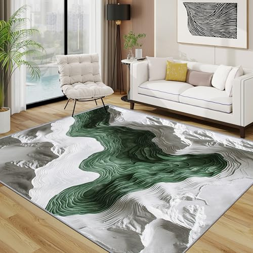 TerroVee Topografische Waschbarer Teppich, Optische Täuschung Stereo Vision Teppich 100x200 cm, Modern Kunst Kurzflor rutschfest Teppiche Für Schlafzimmer Wohnzimmer, Grün Weiß