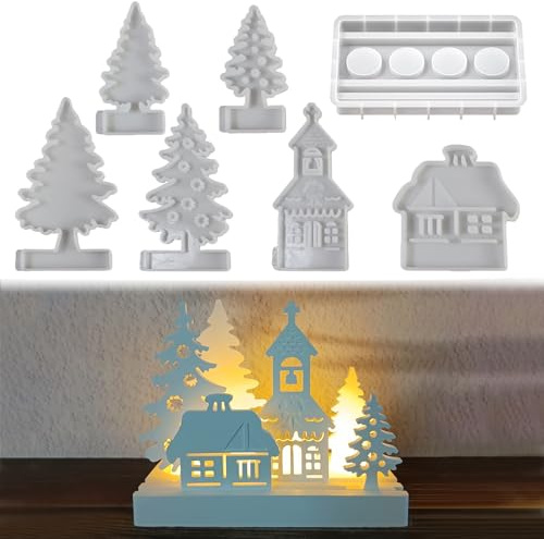 Silikonformen Gießformen Weihnachten, 7 Stück 3D Silikonform Häuser & Weihnachtsbaum Gießform Kerzenhalter Gießformen Silikon Weihnachten Gips Zum Gießen Giessformen Silikon Häuser Baum