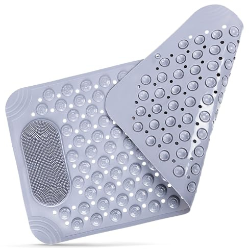 PEUZ Duschmatte mit Saugnäpfen & Fußreiniger – Antirutschmatte 36x70 cm Grau für Dusche, rutschfeste Badematte mit Massagefunktion