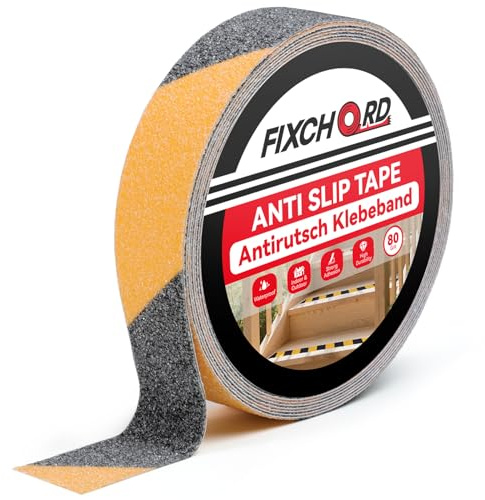 FIXCHORD Antirutsch Klebeband für Stufen, 5mx25mm Schwerlastiges Antirutsch Streifen für Innen & Außen, antirutsch klebeband streifen, Wasserdicht, Hohe Griffigkeit, 80-Körnung, Gelb-Schwarz