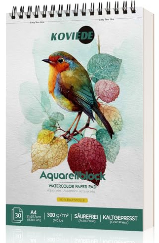 KOVIEDE Aquarellpapier A4, 30 Blätter Spiral gebunden Aquarellblock 300g | 100% Baumwolle, Kaltgepresst, Säurefrei Aquarell Skizzenbuch, Künstler‑Qualität, ideal für zum Malen und Zeichnen, Grün