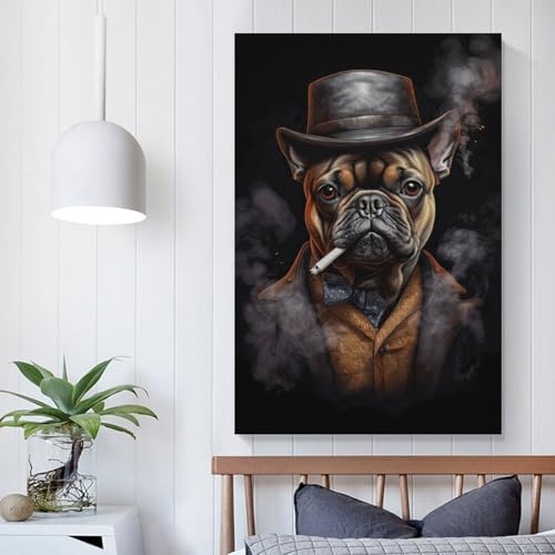 POLIUAWS Leinwandbild – Französische Bulldogge, Gangster-Bilddruck auf Leinwand, Poster und Drucke, Wandkunst, Wohnzimmer, Heimdekoration, Raumdekoration, Teenager, 60 x 90 cm