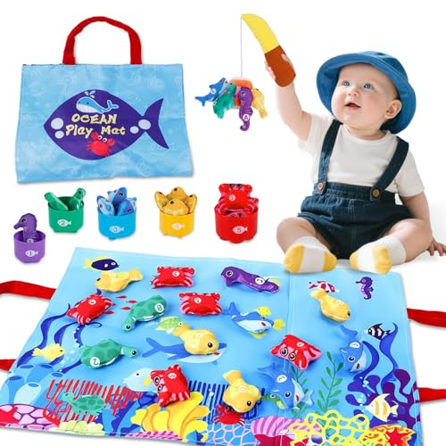 Juguete Montessori 1 Año, Juguete Bebe para Niños 12 18 meses, Regalos Bebe | Pescar Juguete, 15 Piezas Juego Pesca de Tela con Taza Apilables, Almacén Bolsa, Educativos Juguetes Bebes Niños y niñas