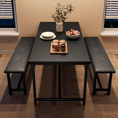 Crevyteg Modern Industrial 3-Piece Dining Table Set for 4 with 2 Upholstered Benches, Space-Saving Kitchen Table Set for Small Spaces, Easy Assembly Metal Frame Dining Room Furniture