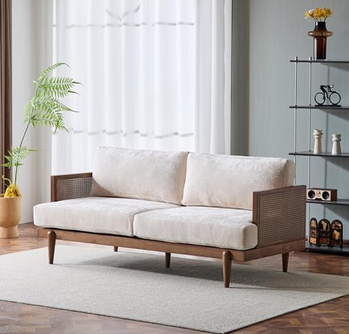 Merax 72 Square Arm 3-Seater Couch Sofa with Cane Rattan & Rubber Wood Frame, High-Resilience Sponge Cushions, Vintage Modern Comfy Couch for Living Room Bedroom Apartment Office, Walnut+Beige