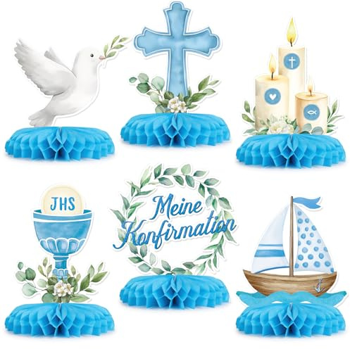 COMOOKA 6 Stücke Konfirmation Deko Bienenwabe Konfirmation Tischdeko Blau DIY Konfirmationdeko Junge Mädchen Taube Kreuz Boot Kerze Gral Konfirmationdeko Jungen