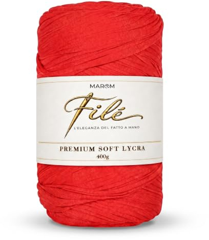 FILÉ - Fettuccia per Borse a Uncinetto 400g, Filato in lycra per borse uncinetto, cestini, decorazioni fai da te + EBOOK in omaggio sulla Creazione della Tua Clutch Bag(Rosso)