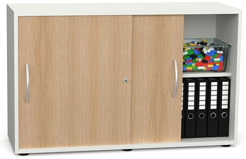 Schiebetürenschrank SLIDO 120×40×75 cm – abschließbarer Aktenschrank 2OH in Weiß/Eiche mit Metall-Bogengriff