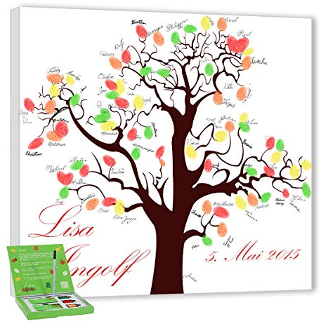 galleryy.net Hochzeitsbaum Fingerabdruck 40x40 mit NAMEN & DATUM - INKL Zubehör-Set (Stempelkissen+Stift+Anleitung+Hochzeitsbuch+...) - Herzchen Baum braun - Wedding Tree