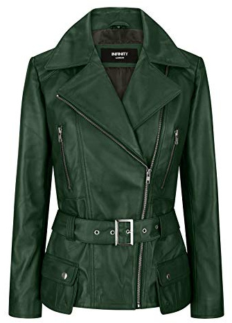 Ladies Women Brown Real Leather Smart Style Belted Fitted Jacket - green M