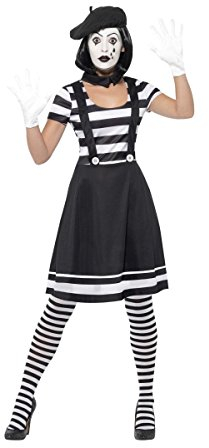 Smiffys Pantomime Kostüm für Frauen, Schwarz, Kleid, Kragen, Baskenmütze, Handschuhe, Strumpfhose & Schminke