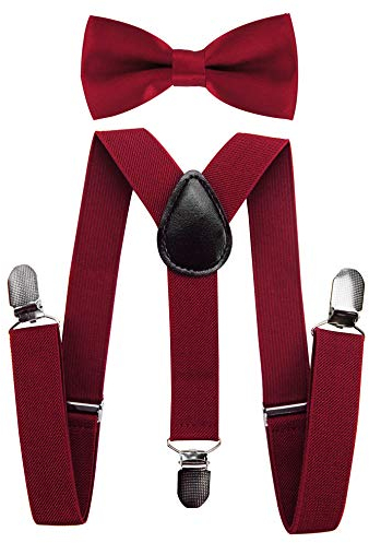 axy Hochwertige Kinder Hosenträger-Y Form mit Fliege- 3 Clips EXTRA STARK-Uni Farben (Weinrot)