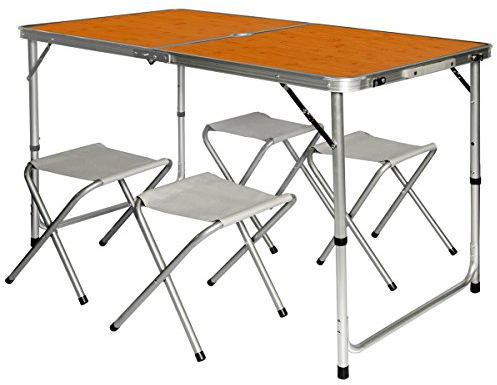 AMANKA Alu Campingtisch 120x60cm - Klapptisch Set mit 4 Stühlen - 3-Fach höhenverstellbarer Falttisch Bambus-Optik