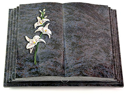 MEMORUM Grabmale Grabbuch, Grabplatte, Grabstein, Grabkissen, Urnengrabstein, Liegegrabstein Modell Livre Pagina 40 x 30 x 8-9 cm Orion-Granit, poliert inkl. Gravur (Bronze-Color-Ornament Orchidee)
