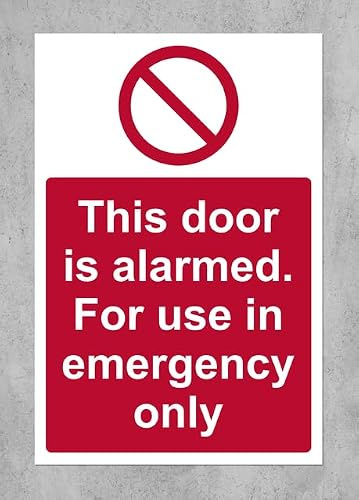 This door is alarmed for use in emergency only safety sign - Self adhesive sticker 300mm x 200mm