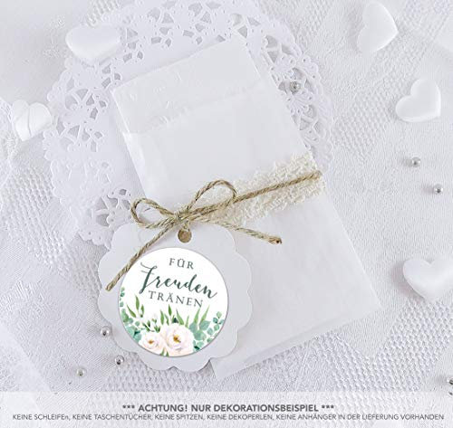 Freuden Tränen Taschentücher Set zur Hochzeit Groß 48 Sticker + 48 Pergamin Flachbeutel 63 x 93 mm Freudentränen Taschentuch Verpackung GRÜN WEIß BOHO HIPPIE ROSEN EUKALYPTUS BLÄTTER ZWEIGE