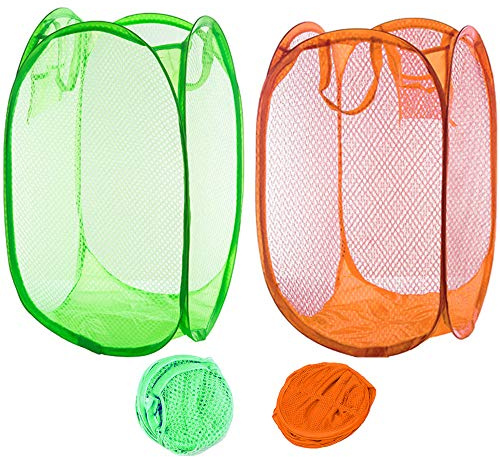 Qtopun Mesh Popup Laundry Hamper, Foldable 2 Pack Portable Dirty Clothes Basket Collapsible Hamper for Bedroom, Kids Room, College Dormitory and Travel (Green+Orange),12.6 inch 12.6inch * 20.5inch