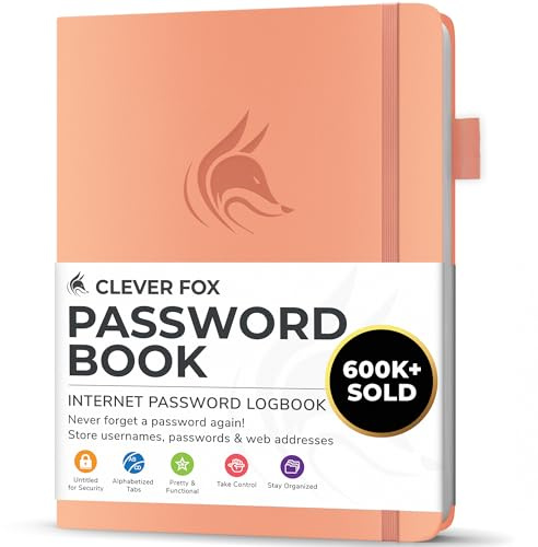 Clever Fox Password Book with Alphabetical Tabs, 10.5x14 Keeper Peach Pink | Hardcover 10.5 x 14cm, small password keeper & internet address book for seniors, office supplies, website login organizer